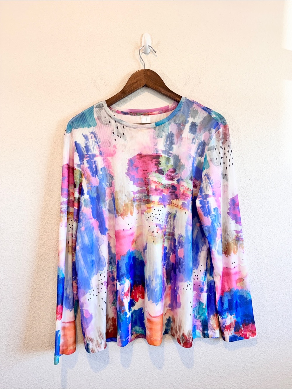 WynneLayers L Abstract Watercolor Mesh Top Long Sleeve Artsy Statement K04
